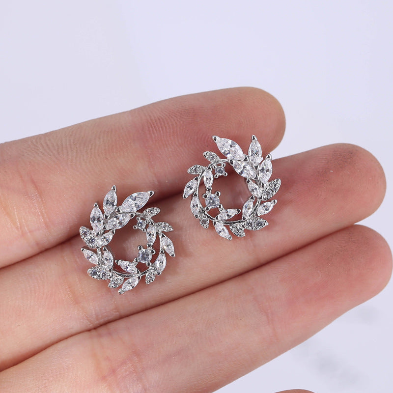 S925 Sterling Silver Temperament Branch Leaf Diamond Stud Earrings