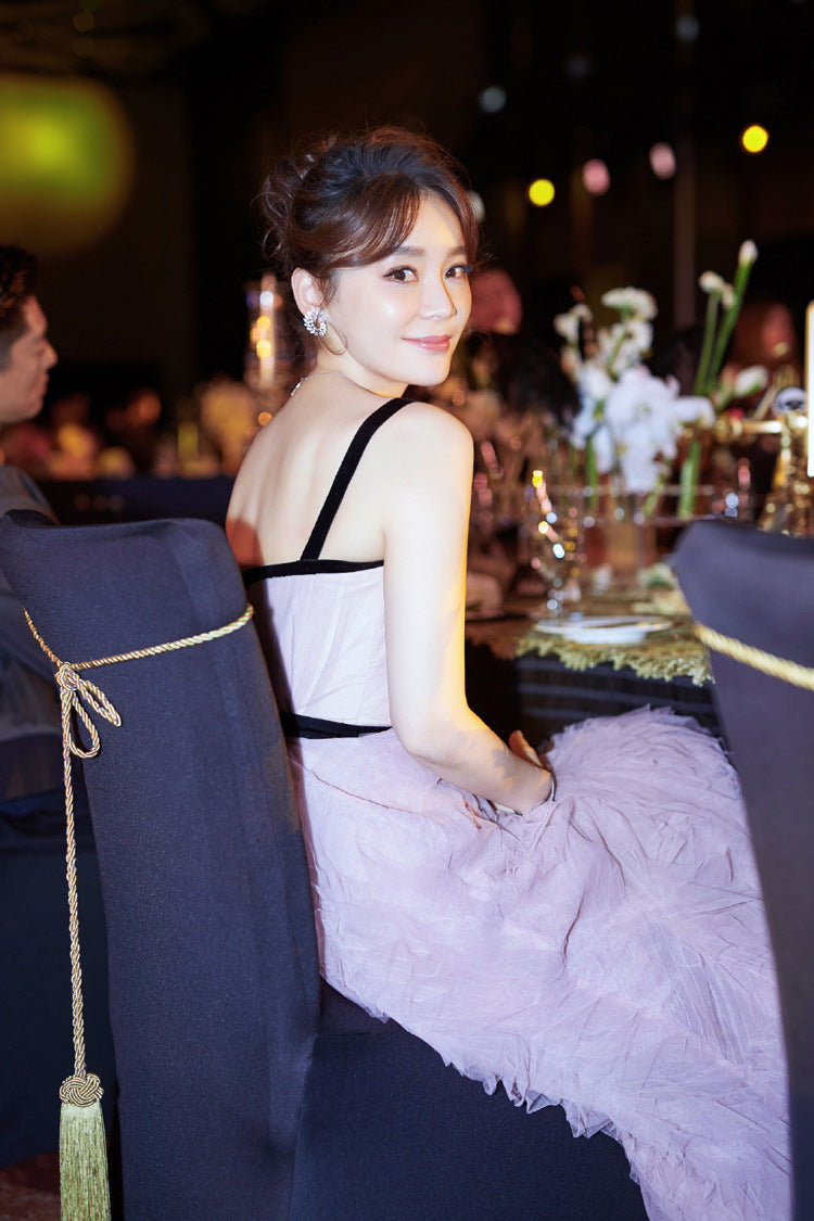 Purple Sleeveless Textured Tulle Dress Wedding Suspender Dress