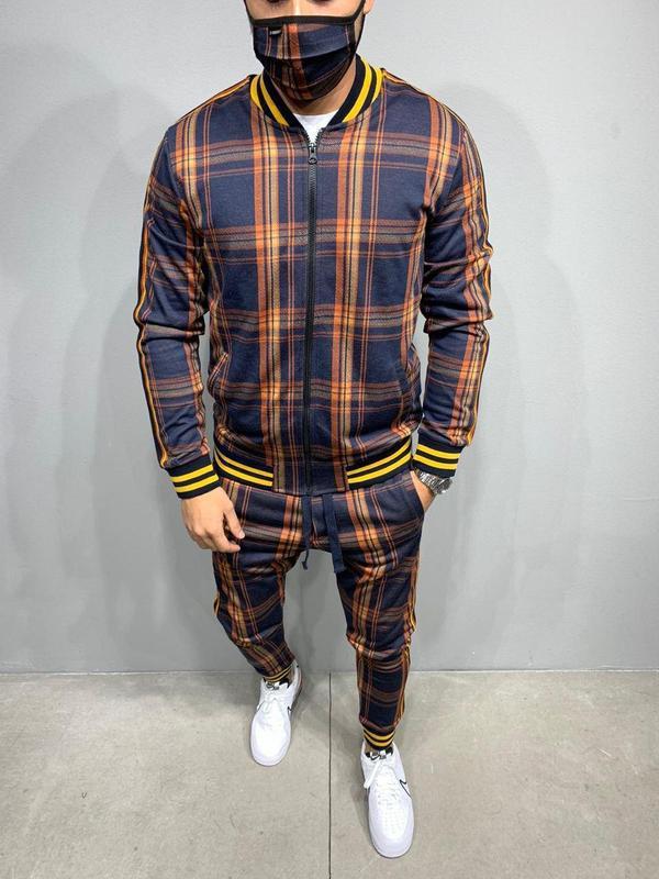 New Men's Leisure Suits Tracksuits Men Grid Two-Piece Patchwork Zipper Tracksuits Small Leg Trouser Sportswear New Man Sets