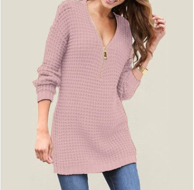 Zip V-Neck Sweater Dress