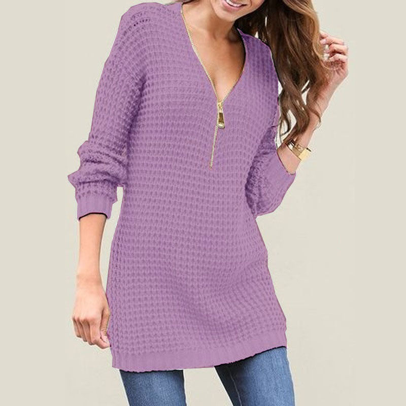 Zip V-Neck Sweater Dress