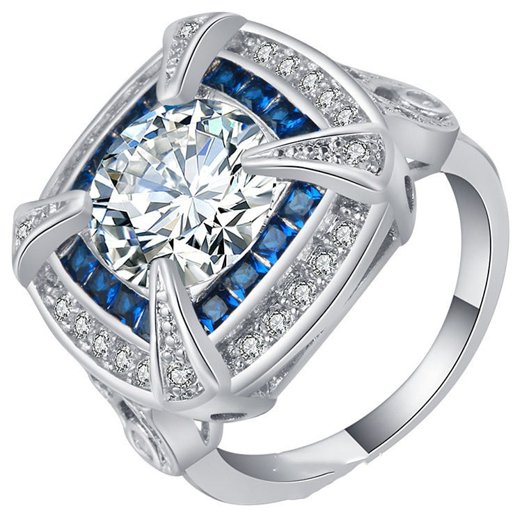Hot Sale Inlaid Blue Zircon Two-tone Ring Cross-Border E-Commerce