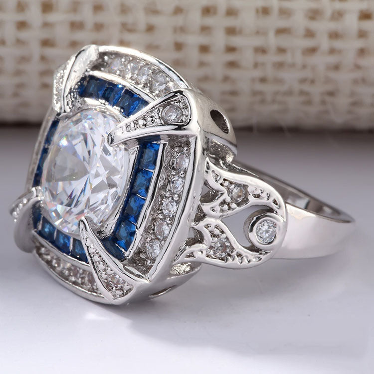 Hot Sale Inlaid Blue Zircon Two-tone Ring Cross-Border E-Commerce