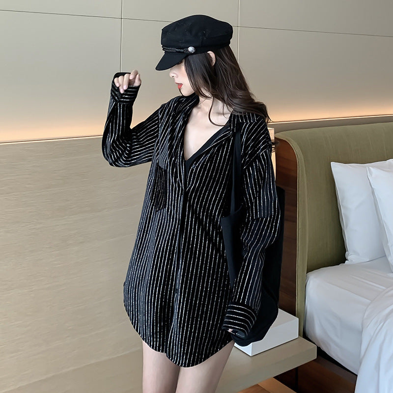Gold Velvet Striped Moon Shirt