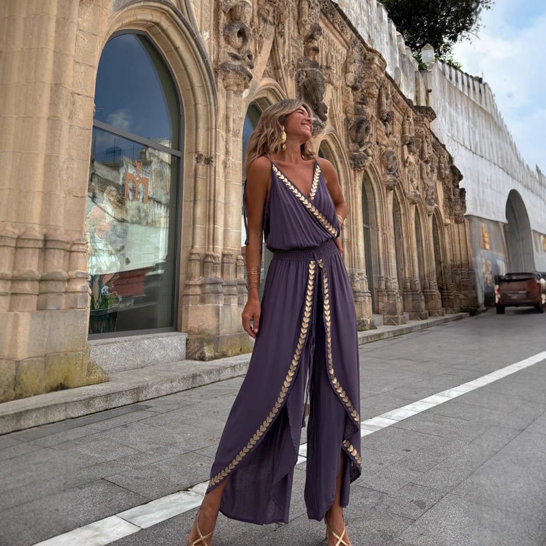 Gold Ribbon Trim Waist Trimming Loose Suspender Jumpsuit