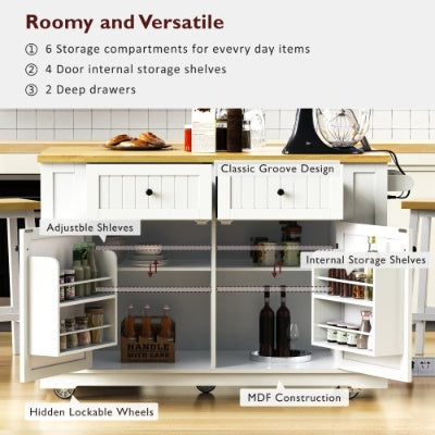 Large Kitchen Island With 2 Bar Stools, Power Outlet, Door Internal Storage Rack, Kitchen Storage Cart On 5 Wheels With Drop Leaf, 5 Open Side Racks, 2 Drawers,for Kitchen,Dining Room