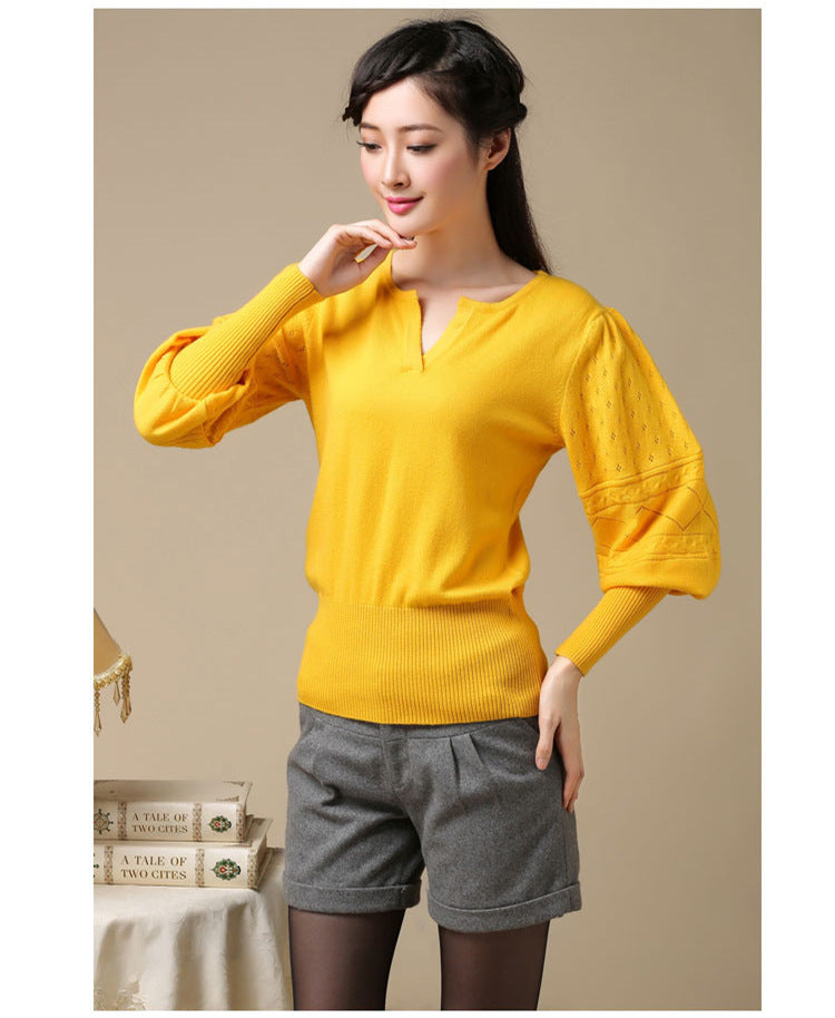 V-Neck Lantern Sleeve Sweater