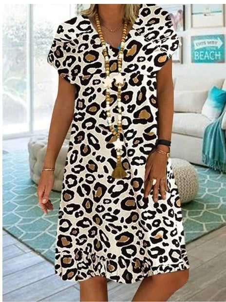 V-Neck Leopard Print V-Neck Short Sleeve Women