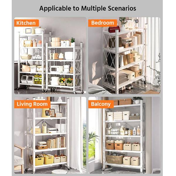 5 Tier White Heavy Duty Foldable Metal Organizer Shelves With Wheels