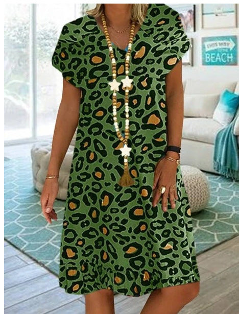 V-Neck Leopard Print V-Neck Short Sleeve Women