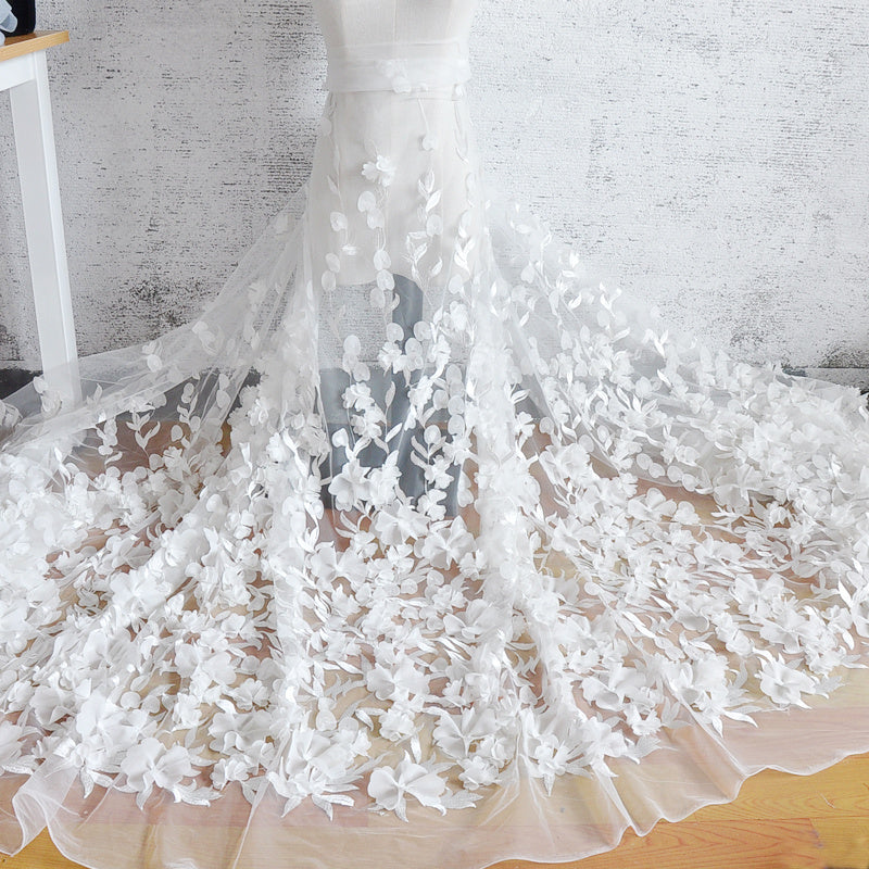 White Chiffon Flower Lace Wedding Dress Tail Dress Fabric
