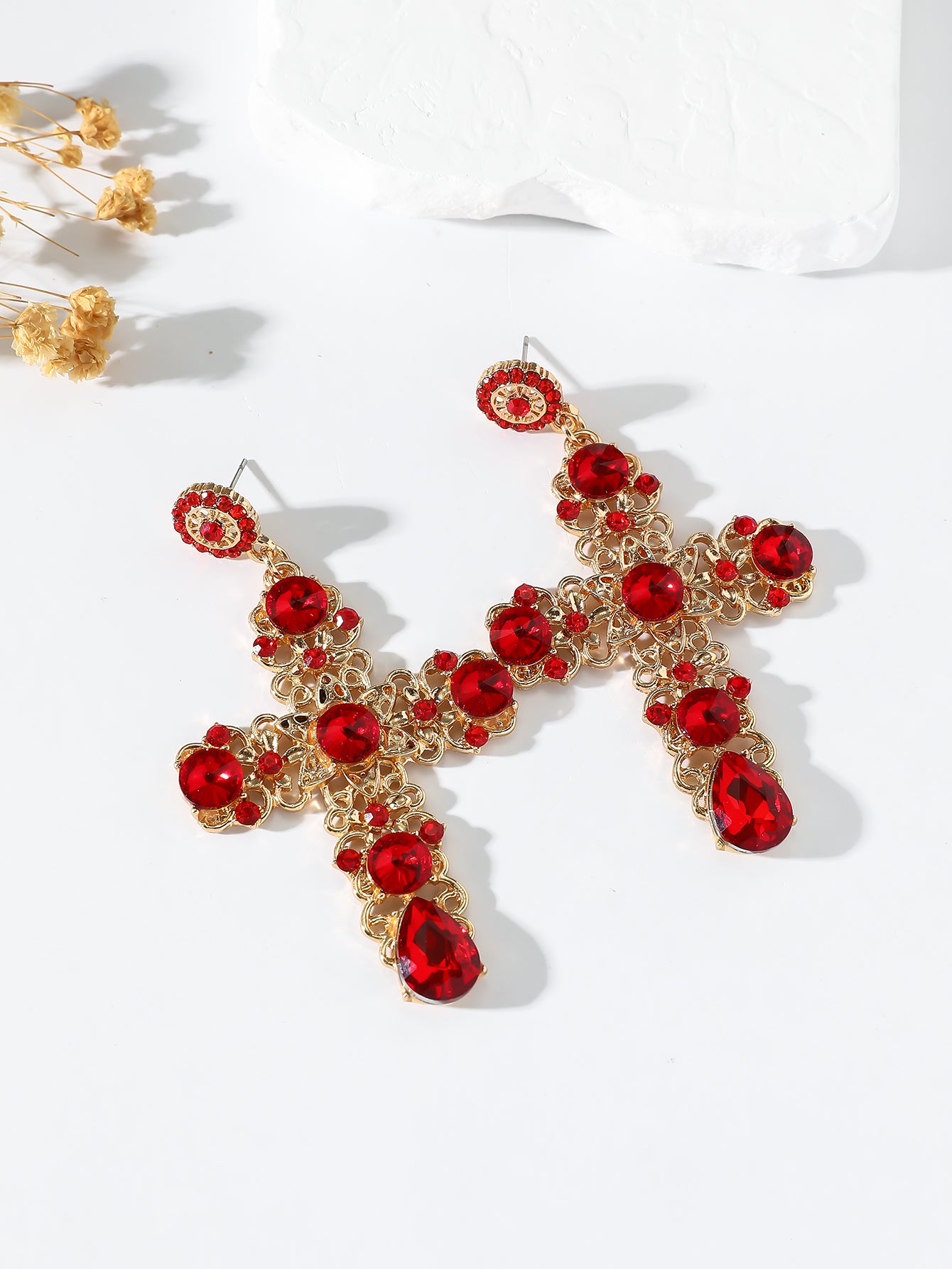 1 Pair Gothic Vintage Black Crystal Cross Drop Earrings, Punk Style Zinc Alloy Jewelry