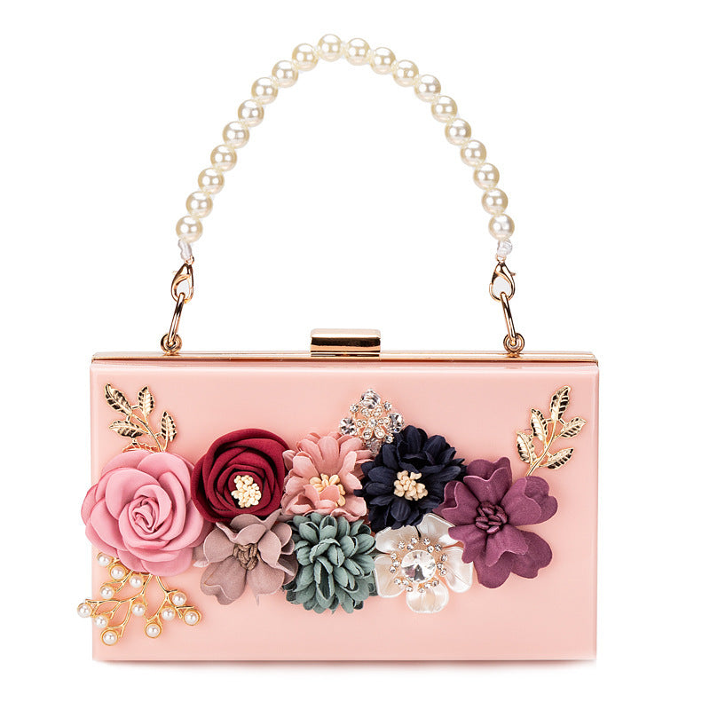 Pearl Hand Chain Pink Flower Thick Chain Bag