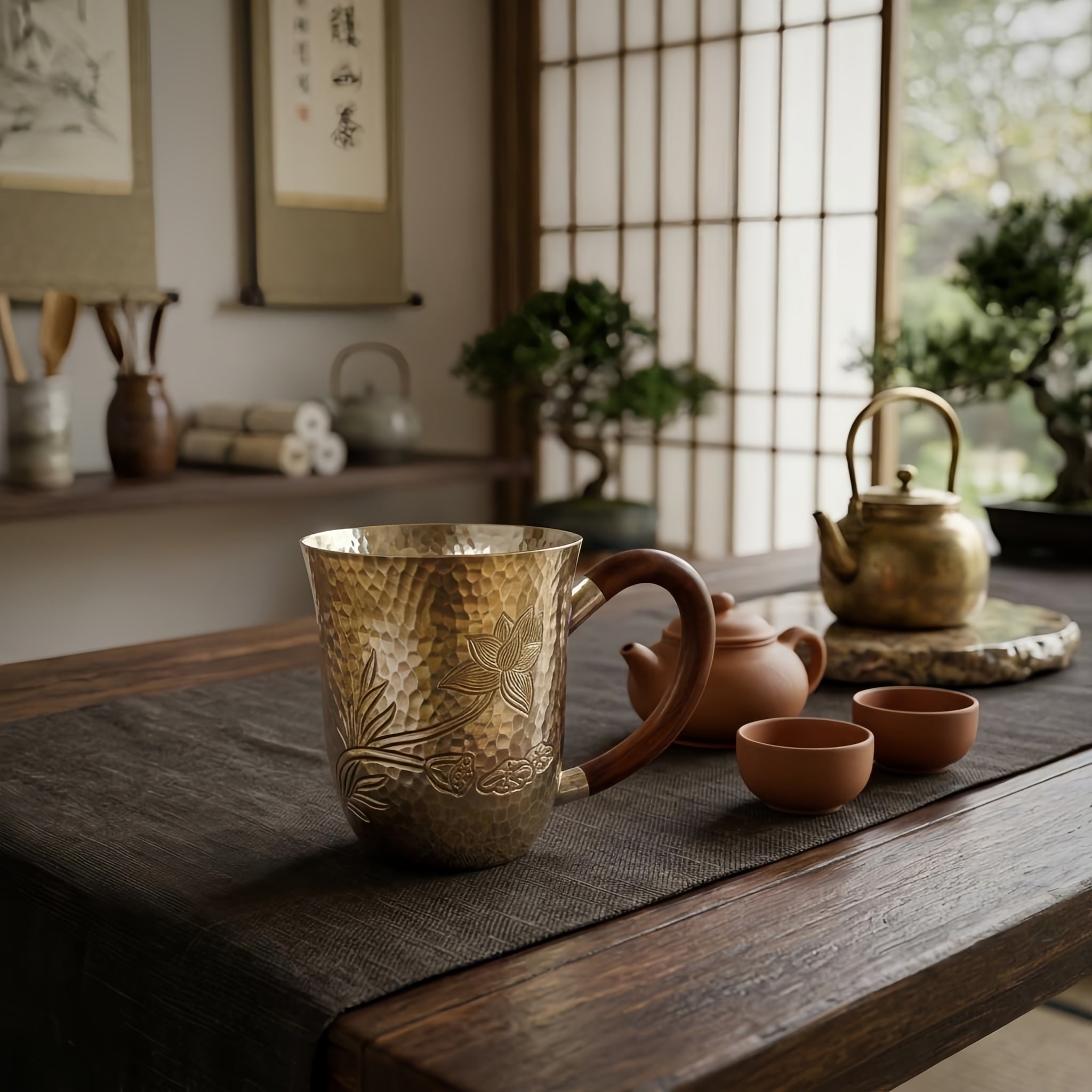 925 Sterling Silver Elegant Handcrafted Metal Mug with Gold Lotus Engraving and Wooden Handle-Premium Master Cup - Handicraft