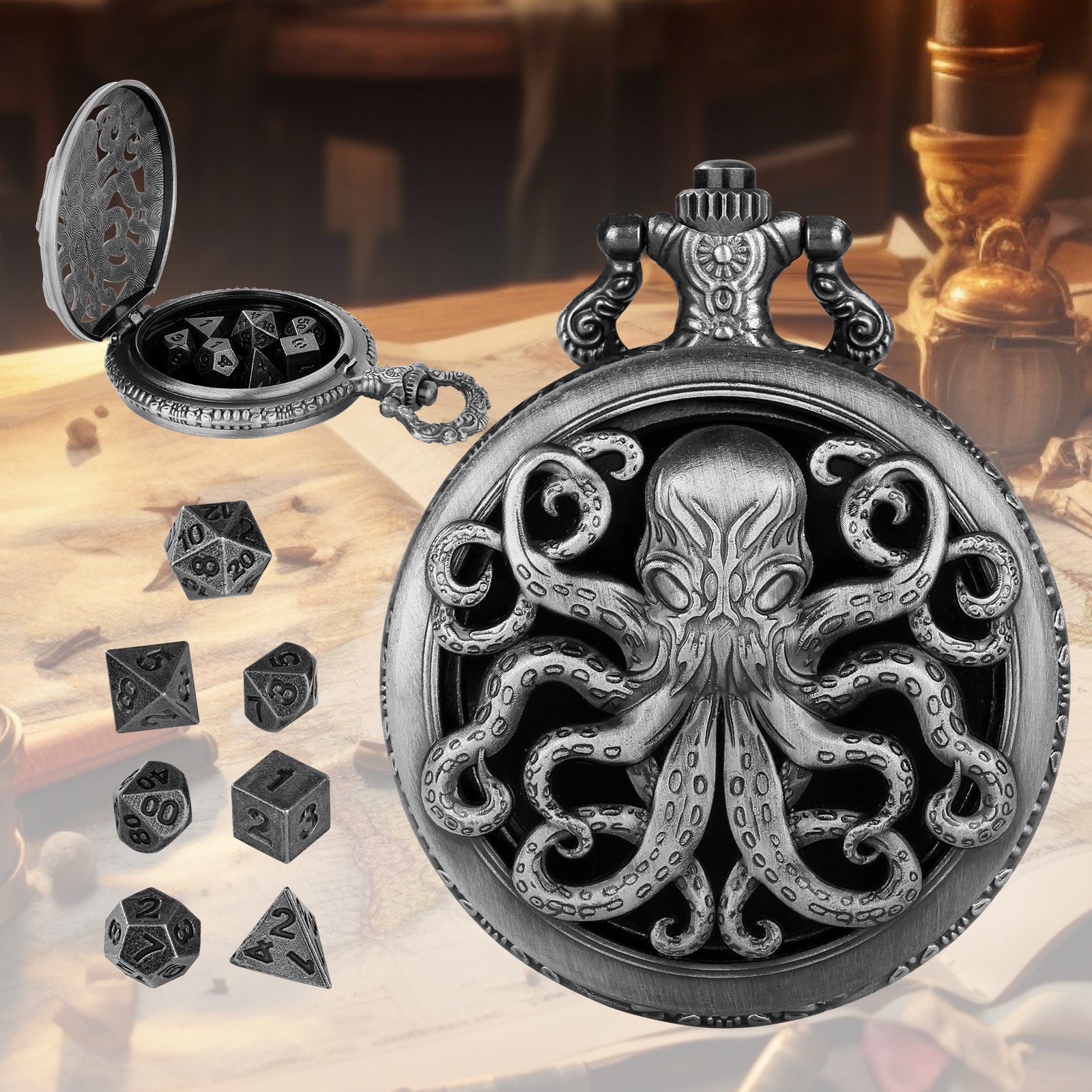 Thick Chain Octopus Symmetrical Pocket Watch Set And Mini DND Dice Set, Equipped With 7 Game Polyhedral Metal Dice Dragons And Dungeon Tabletop Role-playing Game Dice