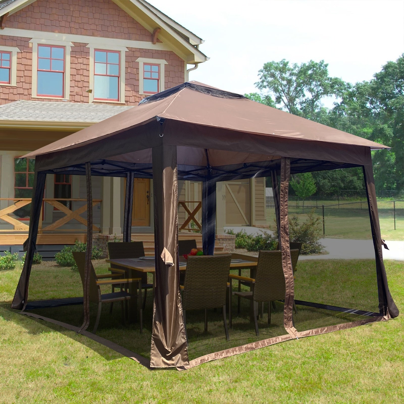 Outdoor 11x11 Ft Up Gazebo Canopy With Zipper Netting, 2-Tier Soft Top Tent