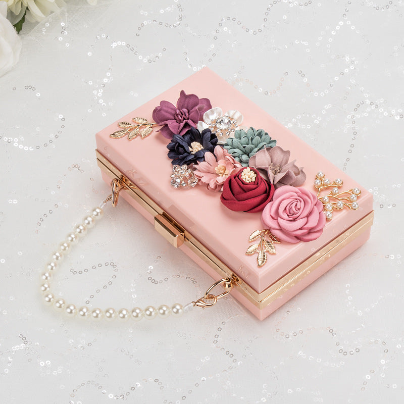 Pearl Hand Chain Pink Flower Thick Chain Bag