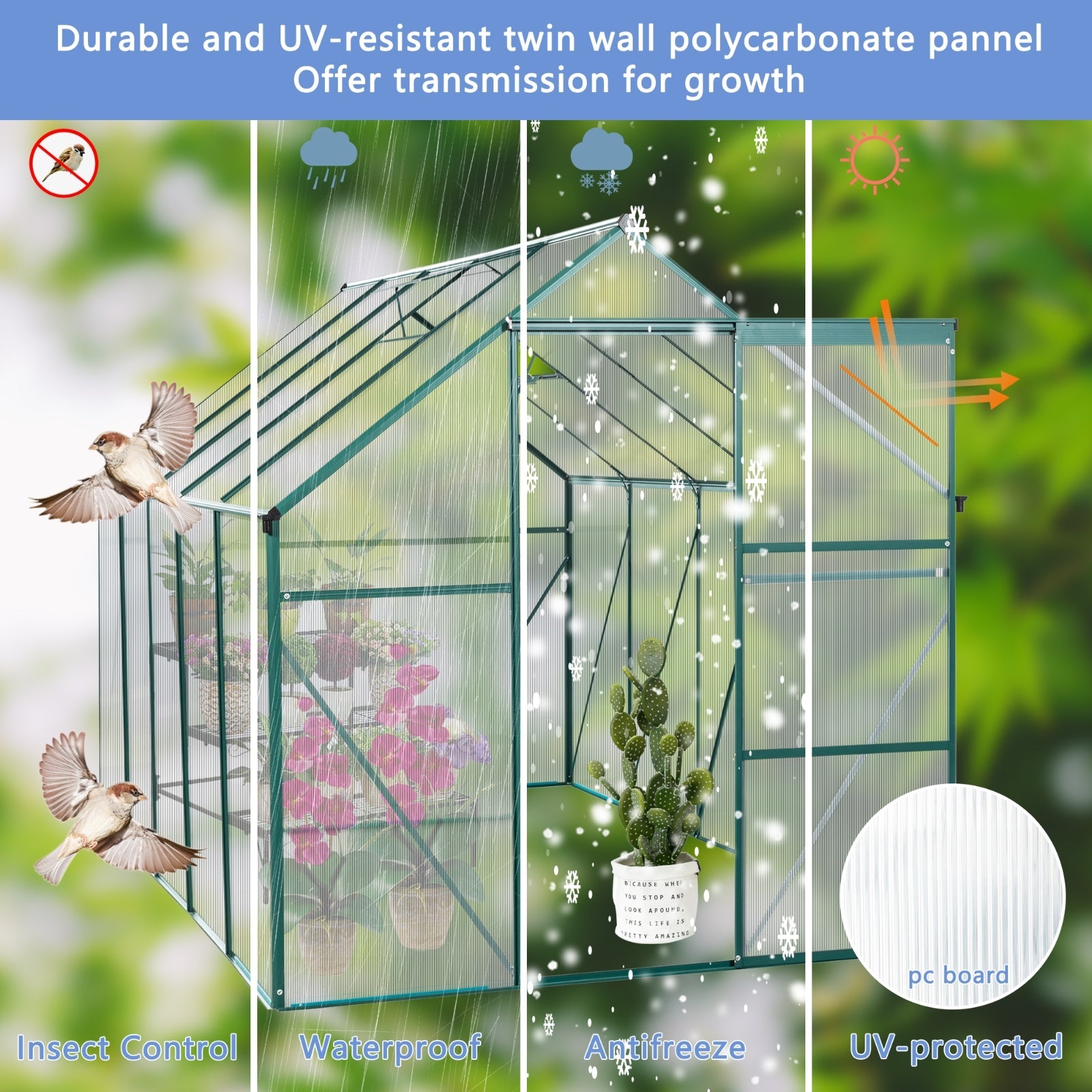 6X10FT Polycarbonate Greenhouse With Raised Base, Anchor, Heavy Duty Walk-in