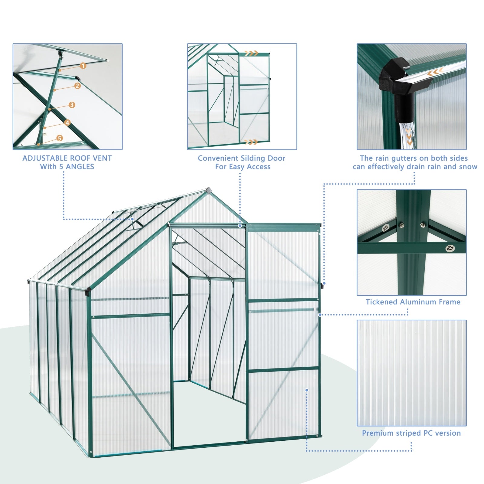6X10FT Polycarbonate Greenhouse With Raised Base, Anchor, Heavy Duty Walk-in