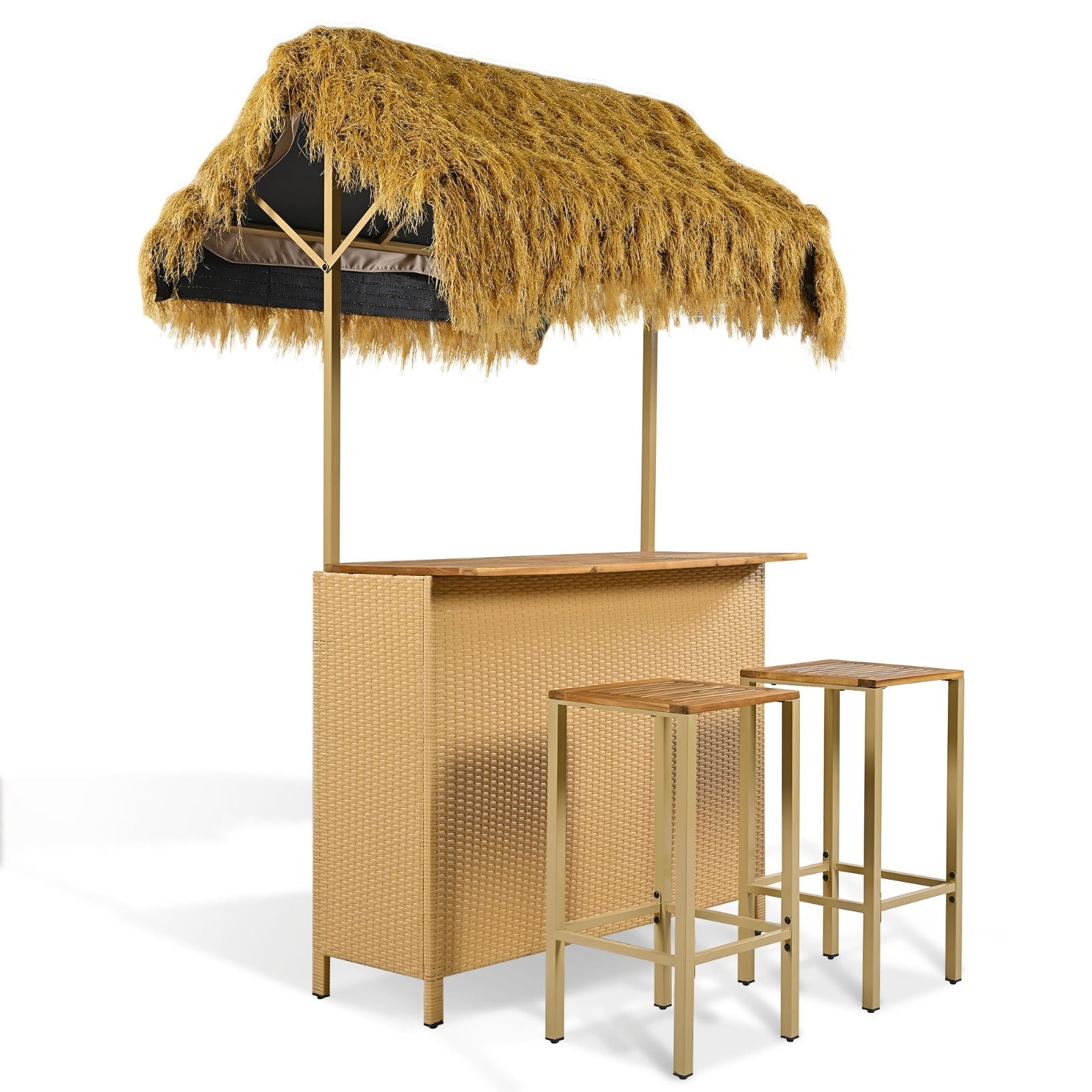GO Hawaiian-style Bar Height Patio Set With PE Grass Canopy, Outdoor Bar Table And Stools With Adjus