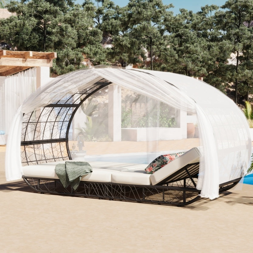 GO 90.55 Outdoor Patio Daybed With Curtain, Sunbed With Cushion And Colorful Pillow, Wicker Lounge
