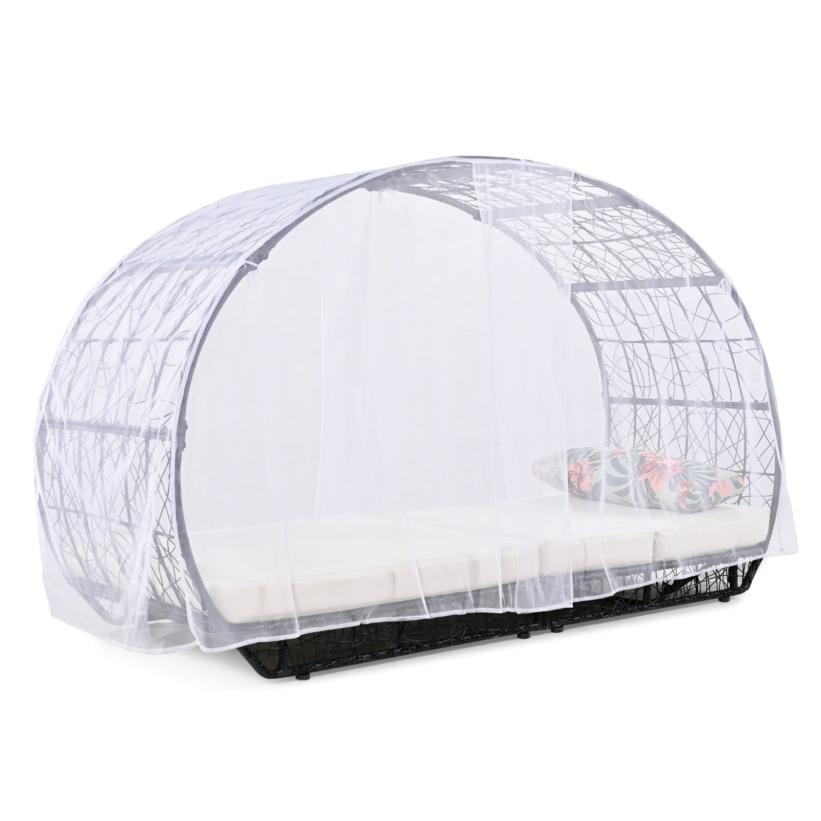 GO 90.55 Outdoor Patio Daybed With Curtain, Sunbed With Cushion And Colorful Pillow, Wicker Lounge