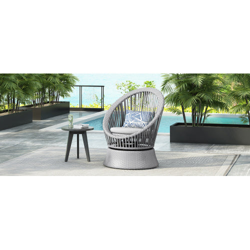 26.7 Modern Gray Wicker Lounge Chair With Rattan And Iron Frame, Featuring A Stylish Round Design, Perfect For Living Room, Patio, Or Balcony Relaxation