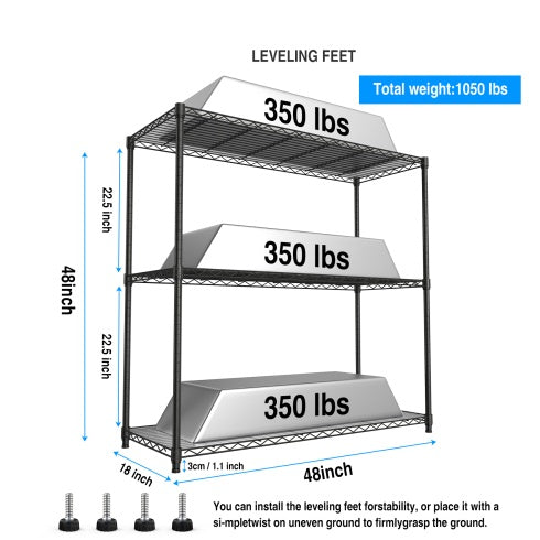 3 Tier Wire Shelving Unit, 1050 LBS NSF Height Adjustable Metal Garage Storage Shelves, Heavy Duty Storage Wire Rack Metal Shelves - Black