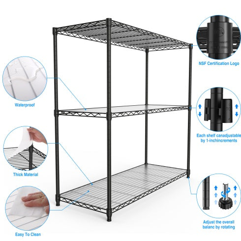 3 Tier Wire Shelving Unit, 1050 LBS NSF Height Adjustable Metal Garage Storage Shelves, Heavy Duty Storage Wire Rack Metal Shelves - Black