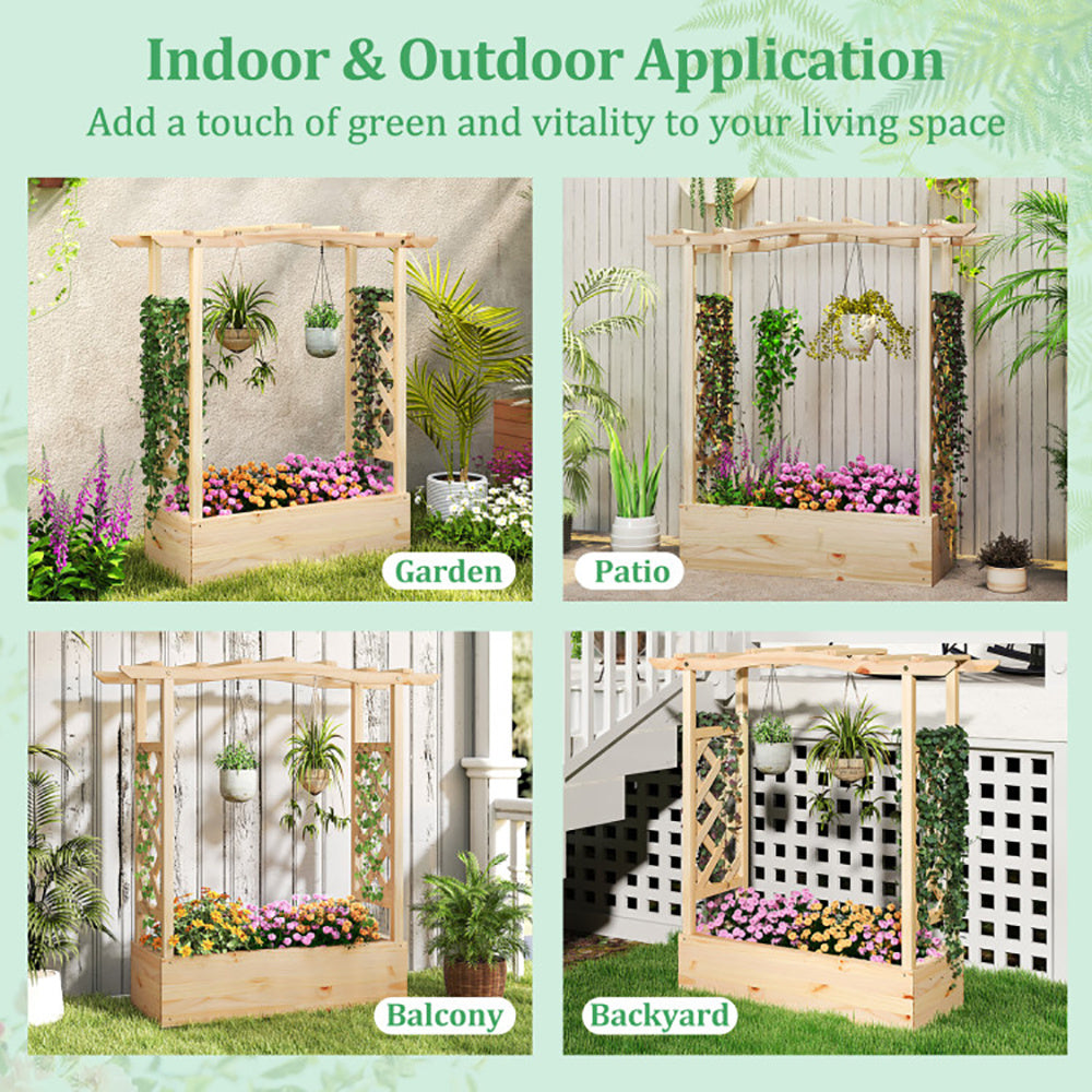 Wooden Raised Garden Bed Planter Box With Trellis And Hanging Roof