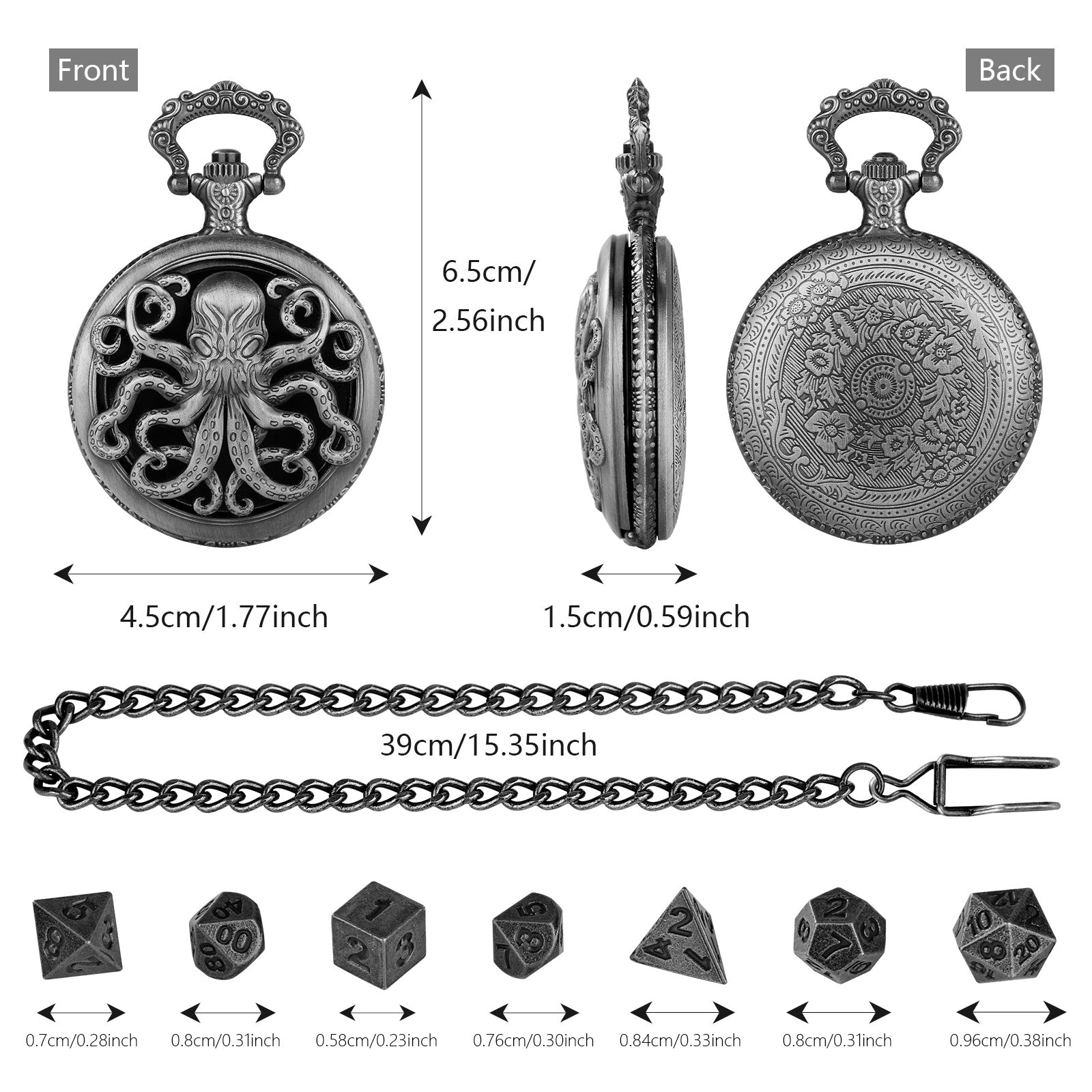 Thick Chain Octopus Symmetrical Pocket Watch Set And Mini DND Dice Set, Equipped With 7 Game Polyhedral Metal Dice Dragons And Dungeon Tabletop Role-playing Game Dice