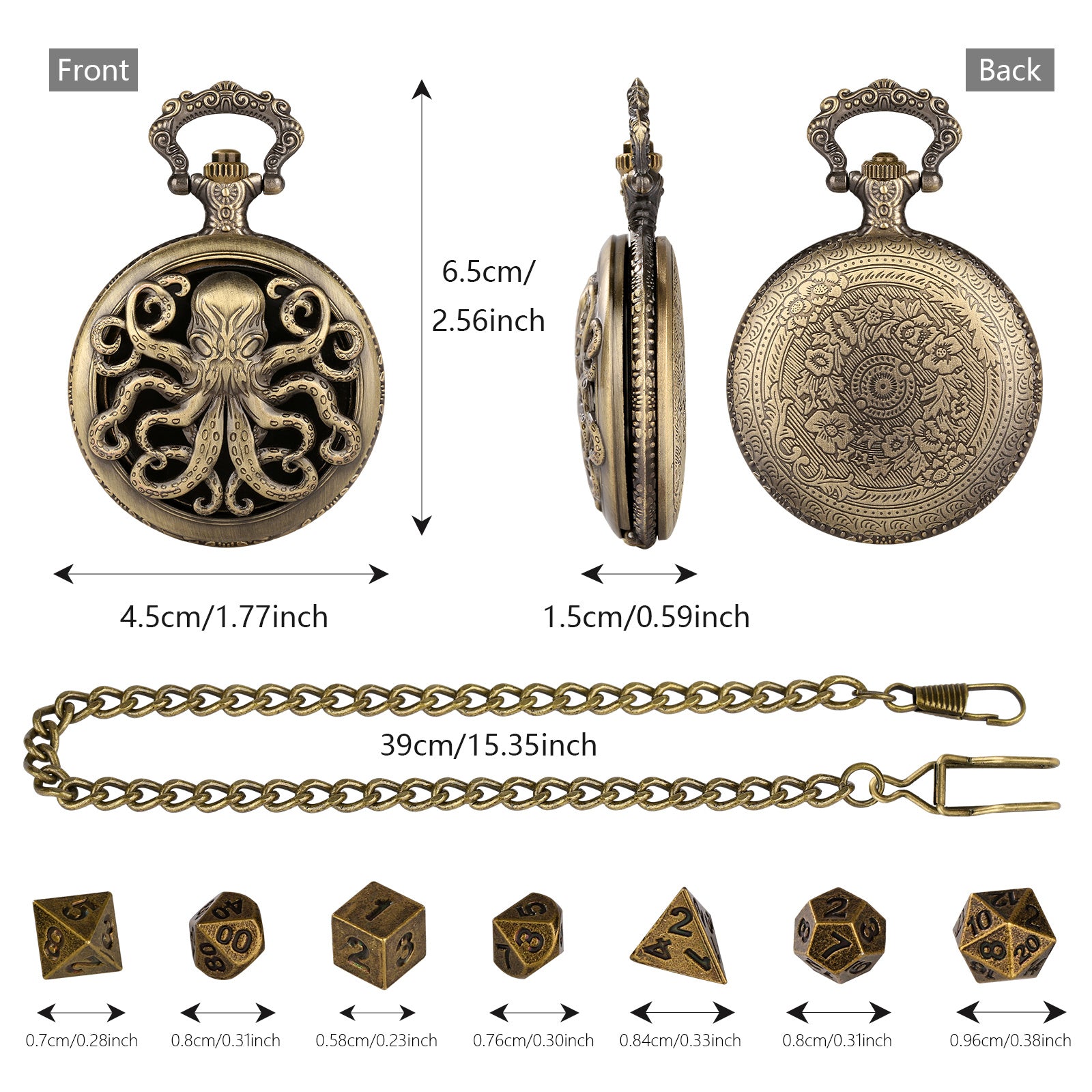 Thick Chain Octopus Symmetrical Pocket Watch Set And Mini DND Dice Set, Equipped With 7 Game Polyhedral Metal Dice Dragons And Dungeon Tabletop Role-playing Game Dice