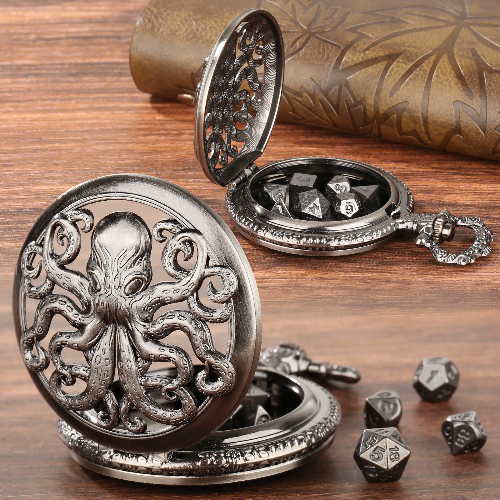 Thick Chain Octopus Symmetrical Pocket Watch Set And Mini DND Dice Set, Equipped With 7 Game Polyhedral Metal Dice Dragons And Dungeon Tabletop Role-playing Game Dice