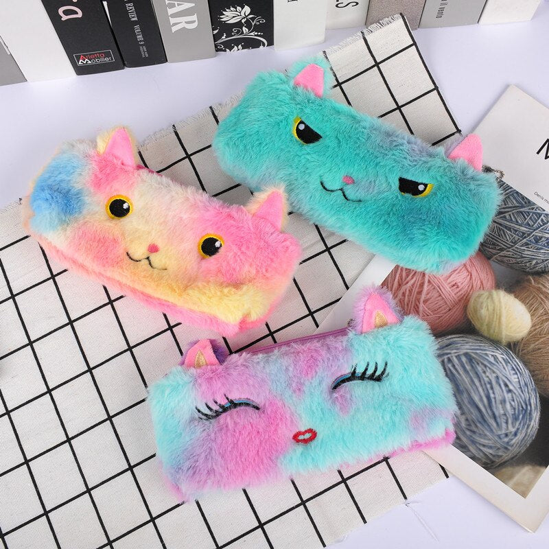 Laser Color Cat Plush Pencil Case Student Stationery Bag
