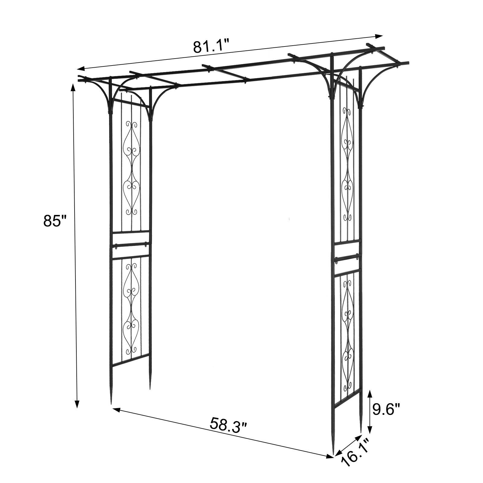 7.1ft Black Flat Top Wrought Iron 16mm Pipe Courtyard Iron Arch