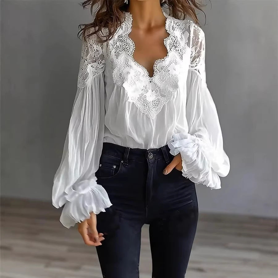 Ins Puff-Sleeved Blouse Fashion Elegant Ruffle Pleated Long-Sleeved Top Womens Clothing