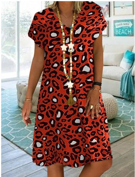 V-Neck Leopard Print V-Neck Short Sleeve Women