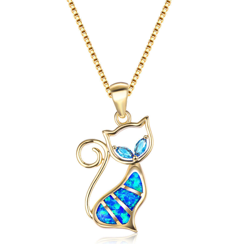 Two Aqua Blue Diamonds + Blue Opal Cat Pendant Necklace