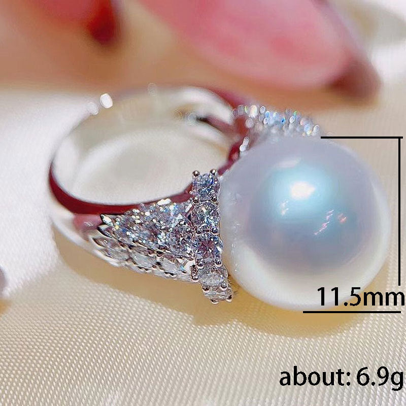 Large Pearl Full Diamond Luxury Inlaid Zircon Light Luxury Closed Pearl Ring