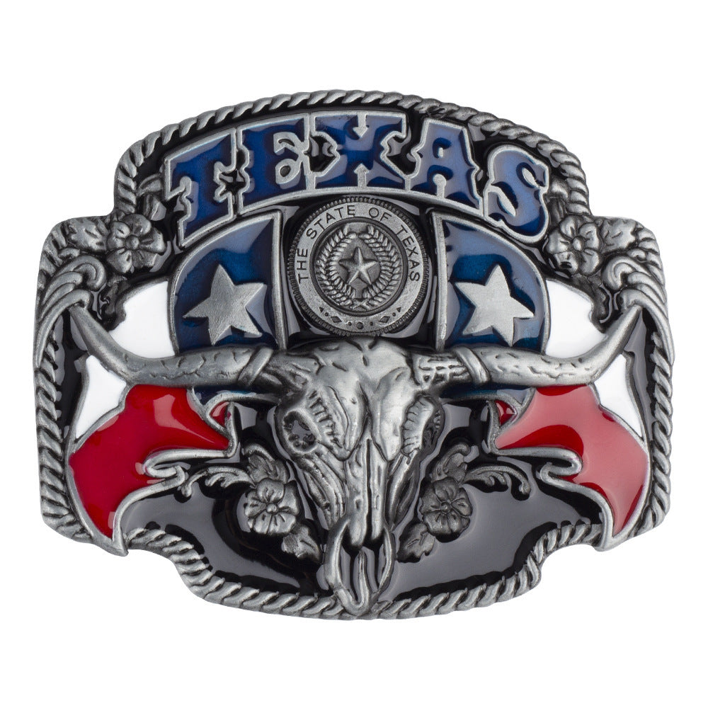 Western Style Texas Longhorn Leather Buckle 3.8cm Wide Belt Suitable For Smooth