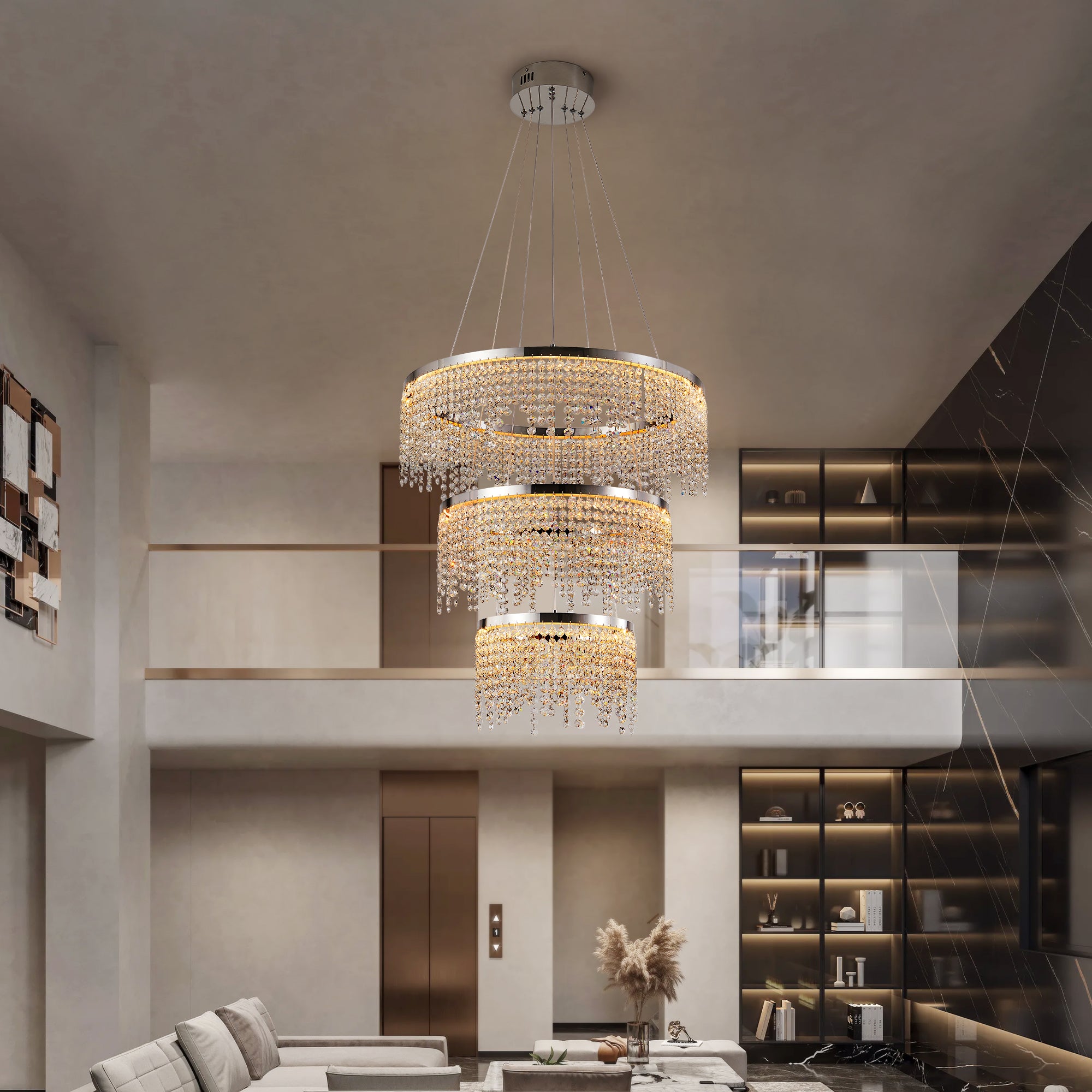 24-inch Crystal Chandelier LED Ceiling Lamp, Adjustable Color Temperature 3000K 4000K 6000K, Height Adjustable, Luxury Round Chandelier, Suitable For Living Room, Dining Room, Bedroom