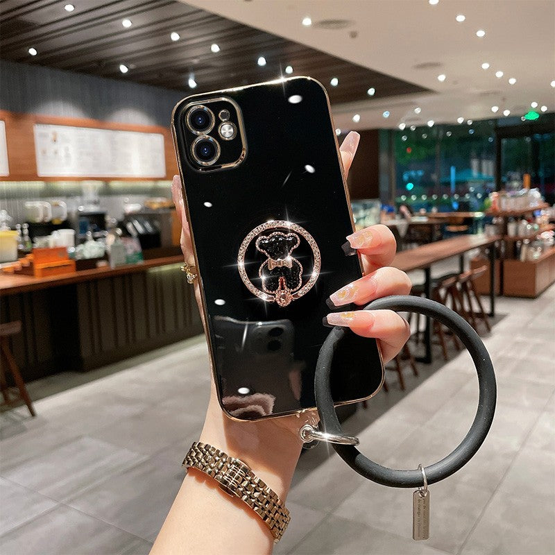 Electroplated Rhinestone Round Bracket Bear Cute High-level Luxury Protective Cover All-Inclusive Anti-Fall Soft Shell