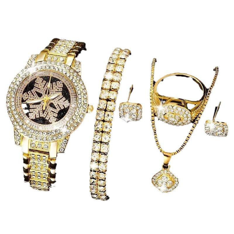 Snowflake Pattern Watch Luxury Full Rhinestone Jewelry Five-Piece Set