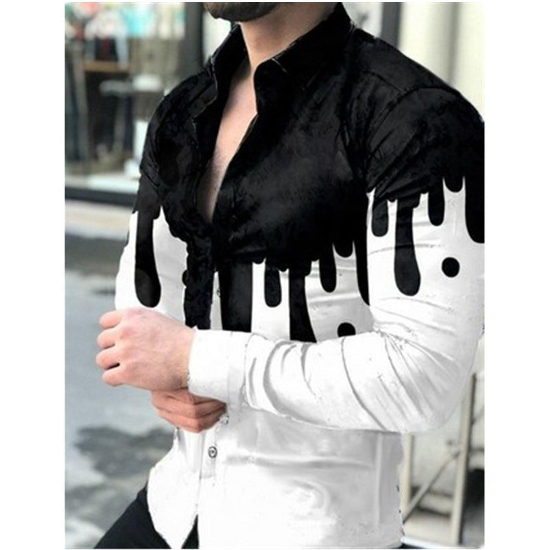 Men's Lapel Button Down Casual Print Long Sleeve Top