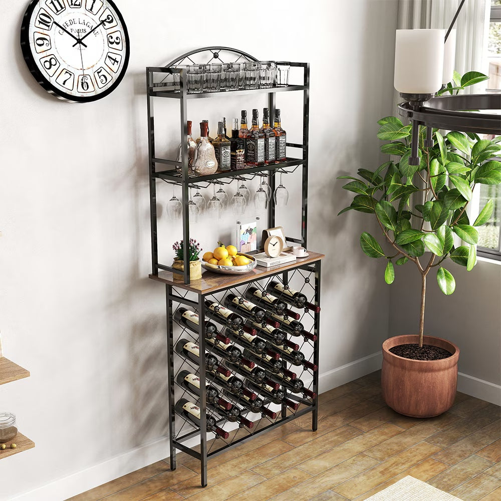 Freestanding Floor Wine Rack,Tall Wine Holder Stand With Wine Glass Holder,Storage Shelves