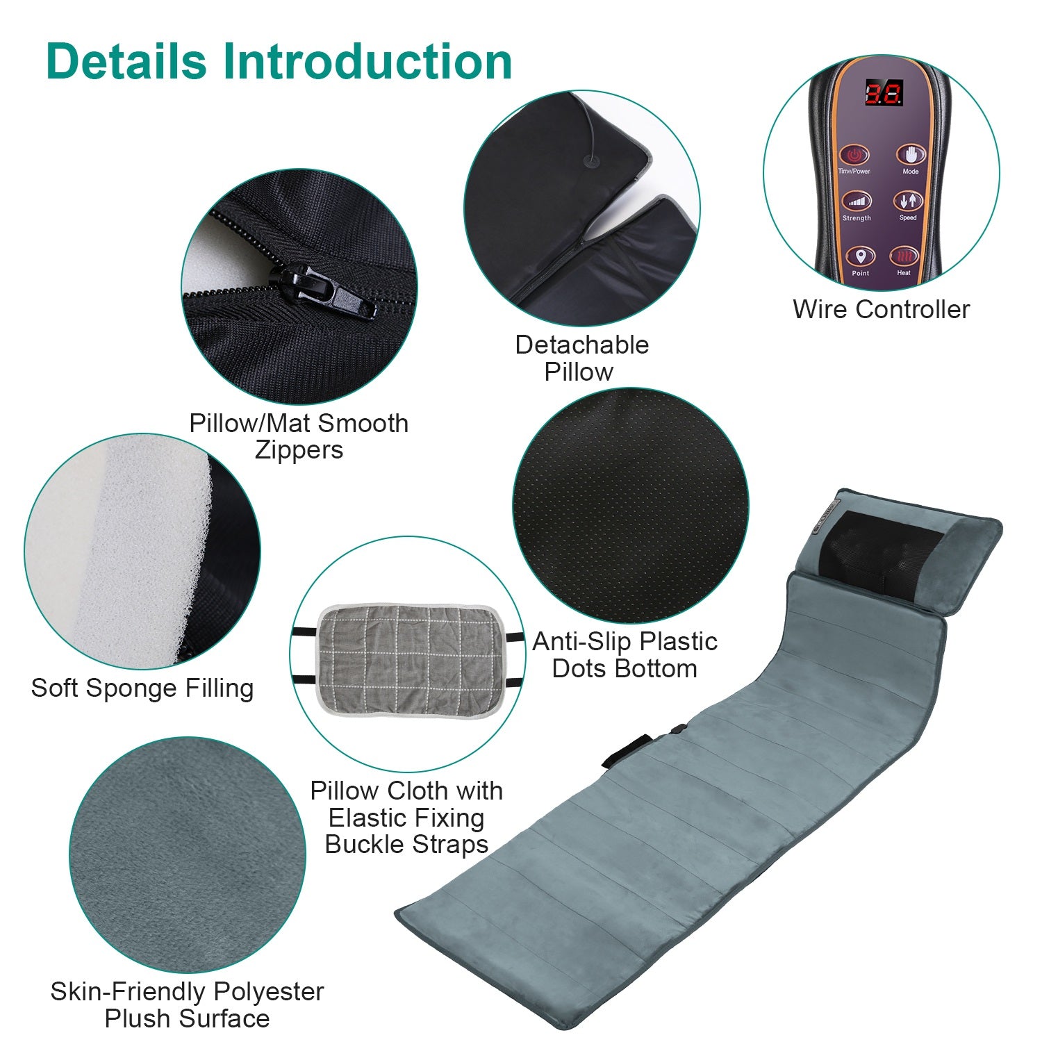 Full Body Electric Massage Mat With Heat Vibration Massage Pad Cushion Back Massage Mattress Chair Pad With Neck Massage Pillow With 10 Vibration Motors Timer Anti-Slip Bottom