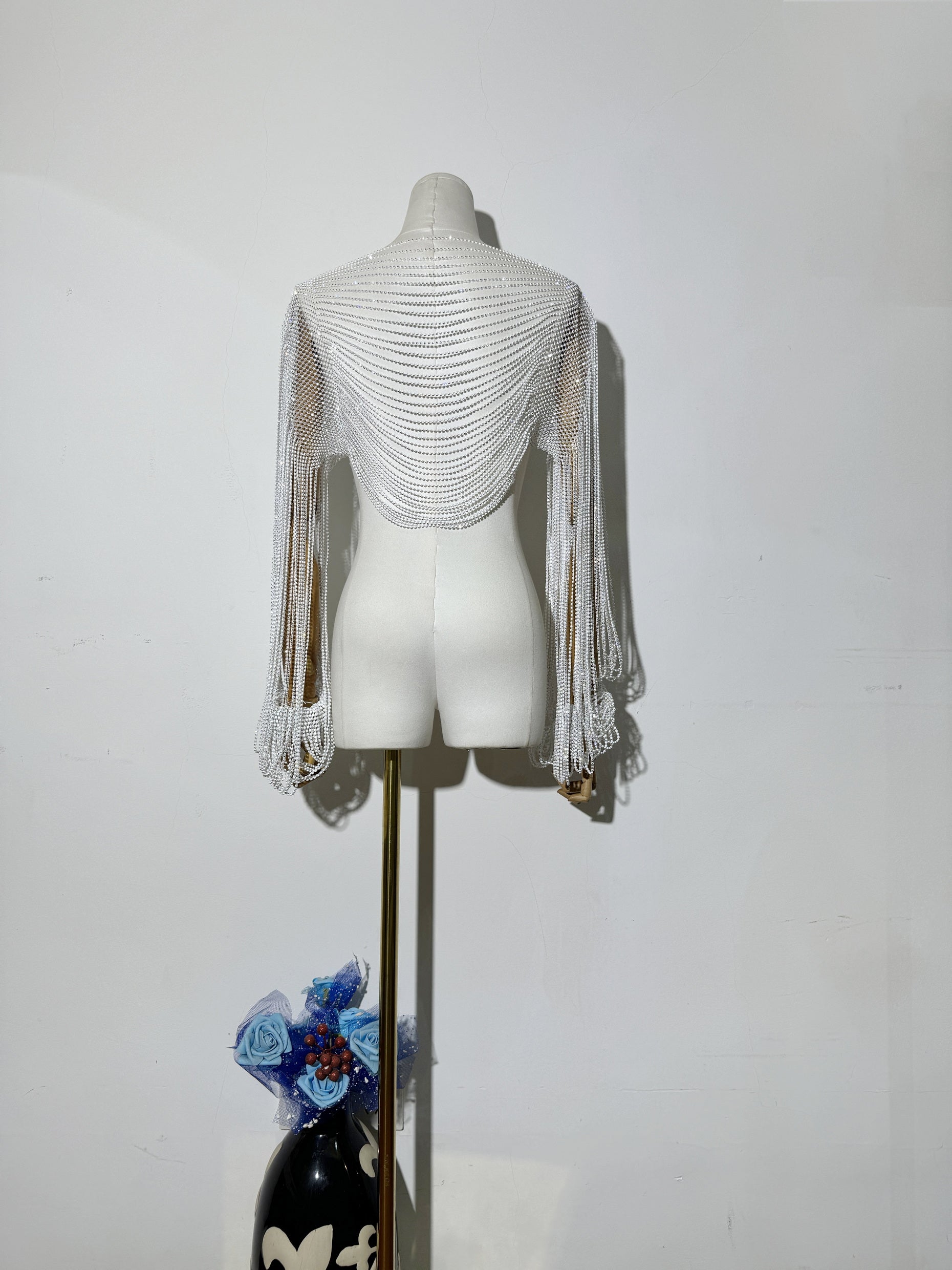 Diamond-Embellished Accessory Shawl Long-Sleeve Top