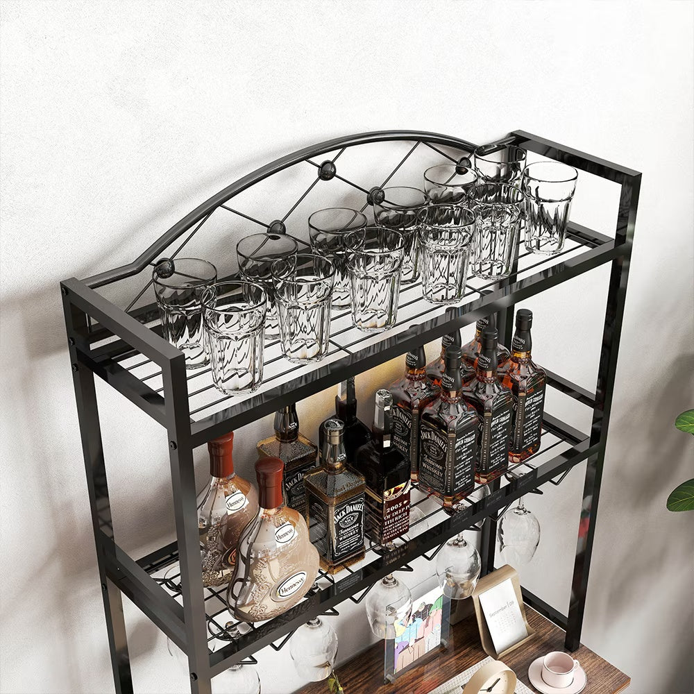 Freestanding Floor Wine Rack,Tall Wine Holder Stand With Wine Glass Holder,Storage Shelves