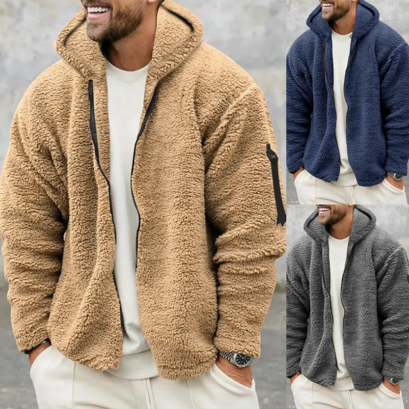 Plush Hooded Jacket Men's Autumn And Winter Fleece Double-Sided Wear Warm Coat With Zipper Loose Casual Jacket Outdoor Clothing