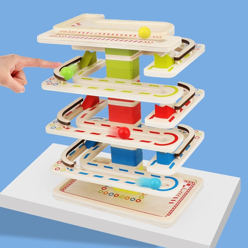 Toddler Wooden Roller Coaster Track Race Marble Building Blocks